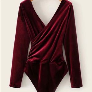 Velvet Surplice Double V-neck skinny bodysuit